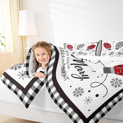 Merry Christmas Kids Comforter Set King Size,Geometric Grids Stylish Bedding,Girls Boys Adults Bedroom/Xmas Cabin Decor,Snowflake Bells Down Comforter,Rustic Farmhouse Duvet Insert,2 Pillowcases