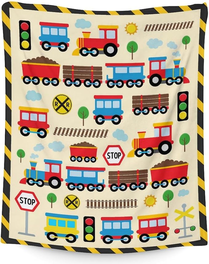 Train Throw for Adults - 60" x 80" Inches Cute Train Blanket Gift for Boys - Yellow Soft Cozy Throw Blanket for Bed, Couch, Travel