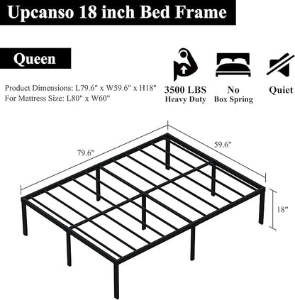 18 Inch Queen Bed Frame No Box Spring Required, Metal Platform Queen Size Bed Frames with High Storage, Eassy Assembly 3,500 Lbs Heavy Duty Bedframes, Black