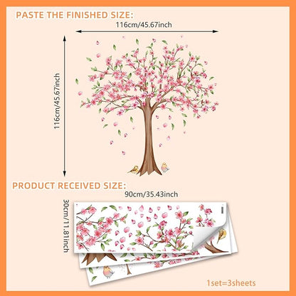 Large Cherry Blossom Wall Decals - Pink Flower Tree Wall Stickers for Girls Kids Bedroom Nursery Living Room TV Wall Decor (H: 45 Inch)