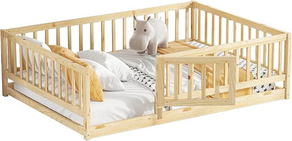 Full Size Floor Bed Frame with Door and Slats,Montessori Floor Bed with Safety Guardrails for Girls Boys,Solid Wood Kids Montessori Bed Full Size,Natural