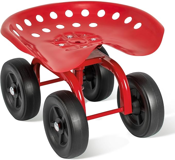 LDAILY Garden Seat with Wheels, Heavy-Duty Utility Stool Cart with Adjustable 11"-16" Height & 360° Rotatable, Rolling Garden Cart with Seat for Lawn Planting, Yard Work, Patio Gardening (Red)