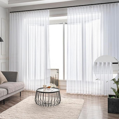 White Sheer Curtains 102 Inch Long 2 Panels Custom, Thin Textured Linen Look Window Sheers, Pinch Pleated Drapes for Living Room, Sliding Glass Door Curtain with Rings & Hooks & Back Tab