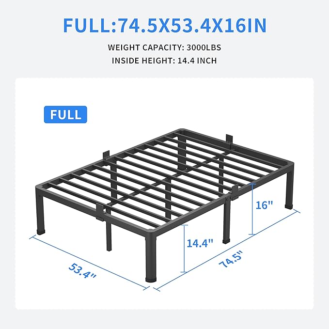 MAF 16 Inch Full Size Bed Frame with Round Corner Legs Mattress Slide Stopper No Box Spring Needed Heavy Duty Metal Platform Bed Frames Under-Bed Storage Space, 3000 LBS Steel Slats Support