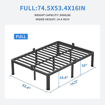 MAF 16 Inch Full Size Bed Frame with Round Corner Legs Mattress Slide Stopper No Box Spring Needed Heavy Duty Metal Platform Bed Frames Under-Bed Storage Space, 3000 LBS Steel Slats Support