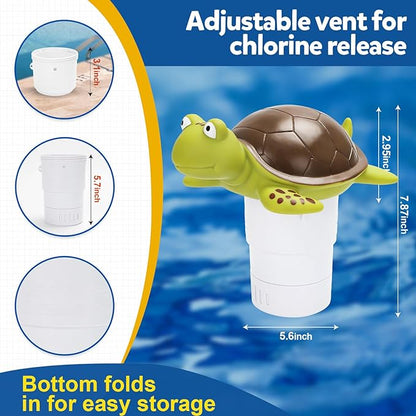 Pool Chlorine Floater, Large Capacity Floating Chlorine Dispenser Fits Up to 5 Pc 3-Inch Chemical Tablets, Heavy-Duty Plastic-Anti-Aging,Top Vacuum Design- Prevent sinkin (Turtle)