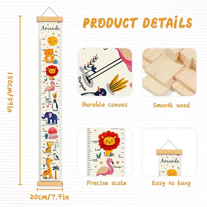 Personalized Name Kids Growth Chart, Watercolor Animal Canvas Height Measurement Ruler for Baby, Kids Height Wall Chart for Child's Room Decoration, Waterproof Measuring Wall Ruler