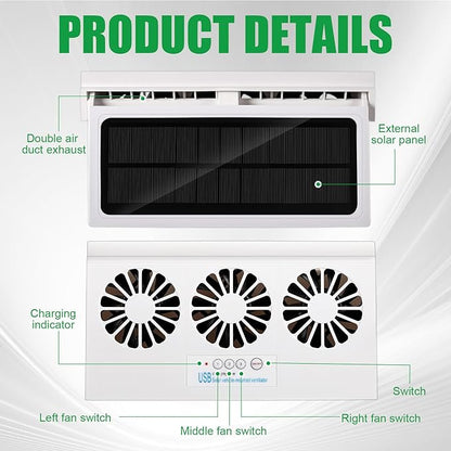 2 Pack Solar Powered Car Exhaust Fan 3 Fans Car Window 4500 RPM Air Vent Radiator Solar Energy Cooling Vent Exhaust for General Types(Rechargeable & Solar 3 Fans,White)