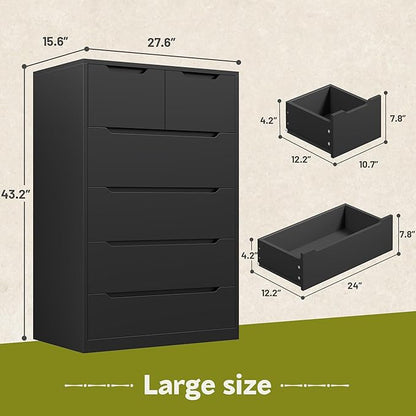 6 Drawer Dresser for Bedrom,Tall Black Chest of Drawers for Bedroom, Hallway, Modern 43.2" H X 27.6" W X15.6 D