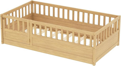 Bellemave Twin Floor Bed with Slats and High Fence, Twin Size Montessori Floor Beds with Door, No Box Spring Needed, Easy Assemble Montessori Bed Frame(Natural Twin)