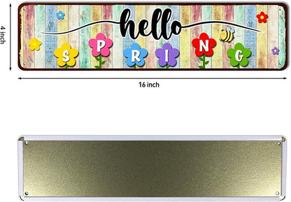 Hello Spring Sign, Colorful Flowers Wreath Farmhouse Welcome Sign Porch Decor for Home Garden Farmhouse Yard Office Decorations 4x16 Inch