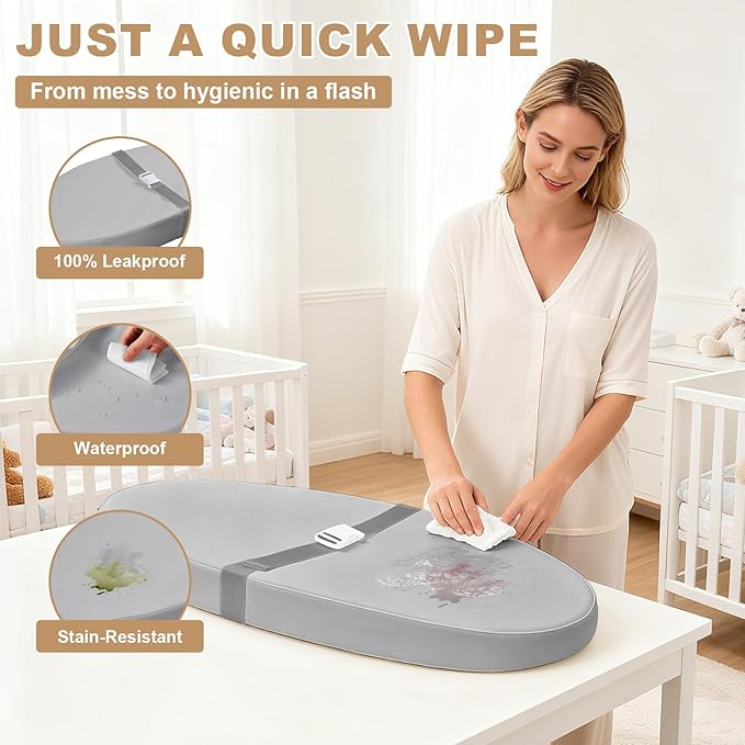 Baby Changing Pad for Dresser, with Wipeable Waterproof PU Cover, Contoured Diaper Changing Pad with Non-Slip Safety Belt, Portable Lightweight Changing Mat with Cushioned Foam, Grey