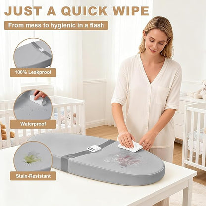 Baby Changing Pad for Dresser, with Wipeable Waterproof PU Cover, Contoured Diaper Changing Pad with Non-Slip Safety Belt, Portable Lightweight Changing Mat with Cushioned Foam, Grey