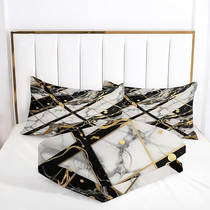 Geometric Marble Comforter Set: Full Size White Black and Gold Bedding Sets Rhombus Geometry Abstract Marbling Quilt 3PC Bed Set 1 Comforter & 2 Pillowcases