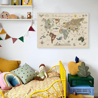 Wheatwin World Map for Kids, World Maps Banner for Playroom Wall 20x30, World Map Cute Wall Hanging Decor Banner Flag for Playroom Nursery Classroom Boys Girls Kids Room Prints