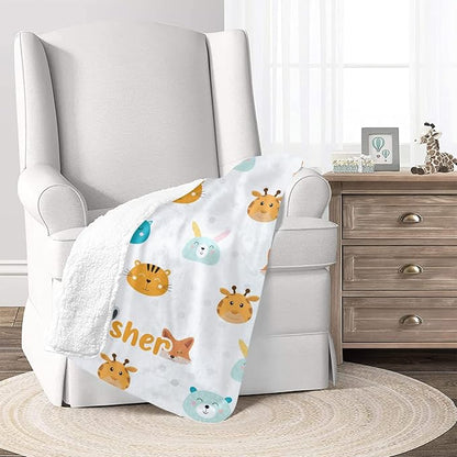 Cute Animal Rabbit Fox Personalized Receiving Sherpa Fleece Baby Blankets for Girls Boys Kids, Swaddle Blankets Gift for Newborn Crib Infants 30x40 Inches