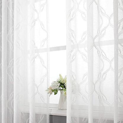 VISIONTEX Sheer Curtains 120 Inches Long 2 Panels Set, White Moroccan Embroidery Texture Geometric Rod Pocket White Voile Tulle Semi Window Treatment Pair for Bedroom, W54 x L120