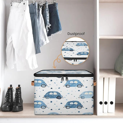Storage Cubes with Lid Fabric Storage Bins Boxes PU Leather Handles, Cute Cars Closet Organizer Container Foldable Washable Shelf Cloth Basket, Cartoon Car