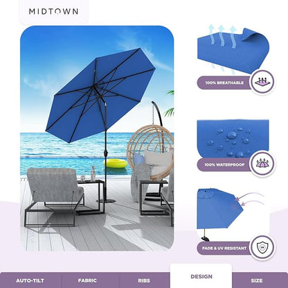 Midtown Umbrellas Sunbrella Umbrella 8 Feet Outdoor Umbrella With Sunbrella Dark Blue Acrylic Fabric - Auto-Tilt Aluminum Frame Patio Umbrella For Backyard, Deck, Garden, Pool - Black Pole