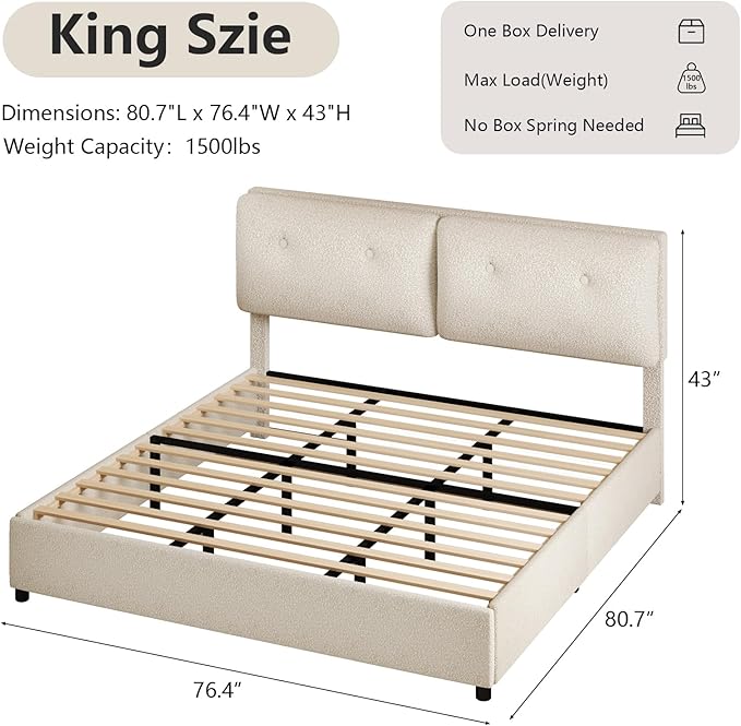 King Bed Frame and Headboard, Upholstered Boucle Bed King with Soft Headboard, Wooden Slats Support, No Box Spring Needed, Easy Assembly, Cloud Bed Frame, Beige