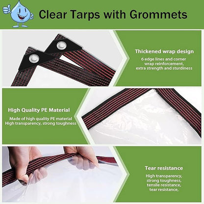 Clear Tarp Waterproof Heavy Duty Plastic Tarps,Vinyl Transparent Tarpaulin with Grommets,for Patio Transparent Lonas Greenhouse Chicken Coop Covers for Winter,10x24 FT