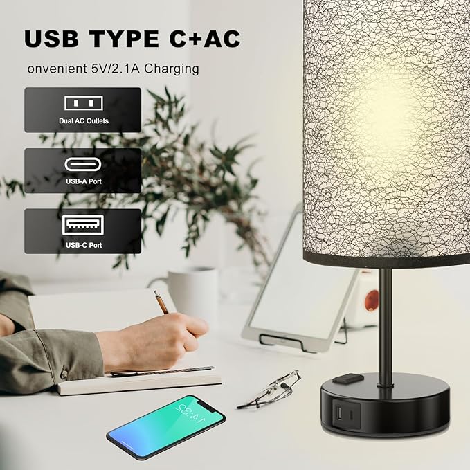 Table Lamp for Bedroom with Touch Control, Bedside Lamp with USB C+A Charging