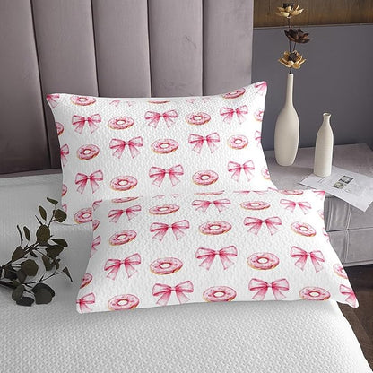 Pink Bowknot Kids Bedspread Queen Size,Donut Dessert Cartoon Food Toddler Coverlet Set,Girls Women Room Decor,Bow Tie Knot Princess Style Quilted Coverlet,Cute Fashion Bedding Quilt,2 Pillowcases