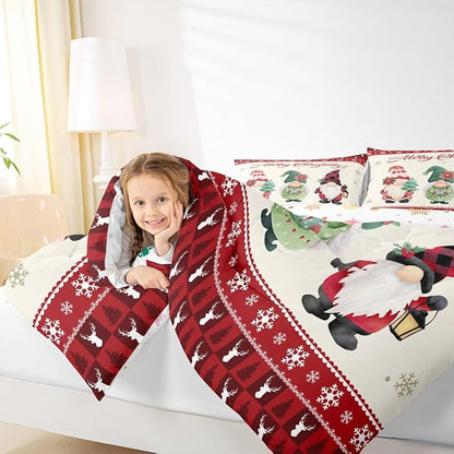 Merry Christmas Kids Comforter Set Full Size,Deer Antler Santa Claus Bedding,Girls Boys Adults Bedroom/Xmas Cabin Decor,Snowflake Pine Trees Plaid Down Comforter,Rustic Duvet Insert,2 Pillowcases