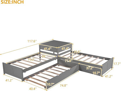 Harper & Bright Designs L-Shaped Platform Bed Frame with Trundle and Drawers Linked with Built-in Desk for Kids Boys Girls, Twin, Gray