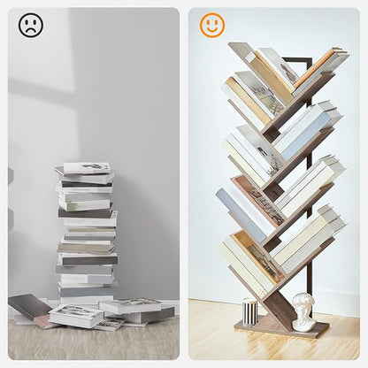 HOOBRO Tree Bookshelf, 9-Tier Bookcase Wooden Shelves, Floor Standing Storage Rack, for Display of CDs, Books in Living Room, Home Office, Wood Storage Rack for Bedroom, Greige BG08SJ01G1