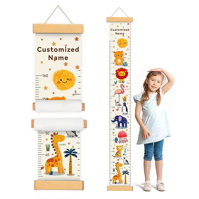 Personalized Name Kids Growth Chart, Watercolor Animal Canvas Height Measurement Ruler for Baby, Kids Height Wall Chart for Child's Room Decoration, Waterproof Measuring Wall Ruler