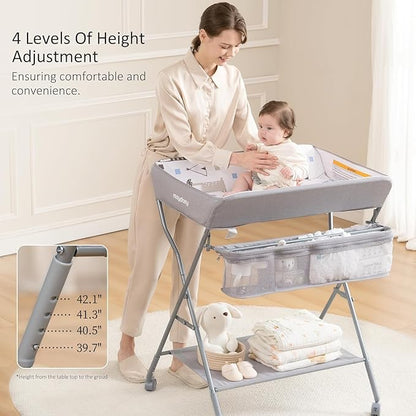 Baby Changing Table with Wheels, Maydolly Portable Adjustable Height Folding Diaper Station with Nursery Organizer & Storage Rack for Newborn Baby and Infant (Light Grey)