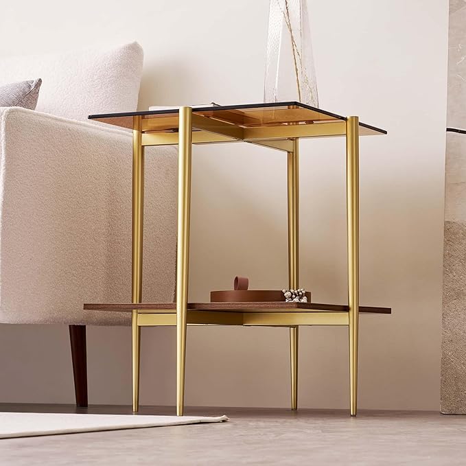 Glass End Table, Mid-Century Modern Design Sofa Table, L41 x W21 x H17, for Living Room, 2-Tier Structure, Clear Glass Top and Walnut MDF Shelf, Sleek Conical Metal Legs with Gold Finish Frame