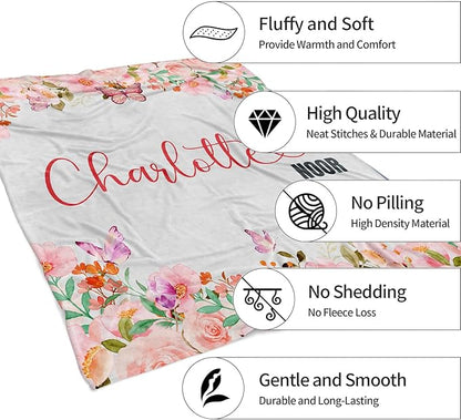 Personalized Baby Blankets for Girls, Customized Name Blanket for Kids, Custom Toddler Blanket Gifts for Birthday, Christmas, Newborn Soft Flannel Floral Blankets Boy Girl Birthday Gifts