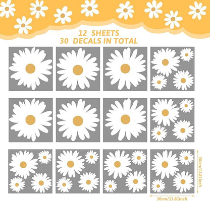 TaoBary 12 Sheets Daisy Wall Decal Flower Wall Sticker Cute Daisy Sticker Pink White Flower Decal Peel and Stick Floral Wallpaper for Nursery Bedroom Home Decor(White, Yellow,Multi Petal Style)