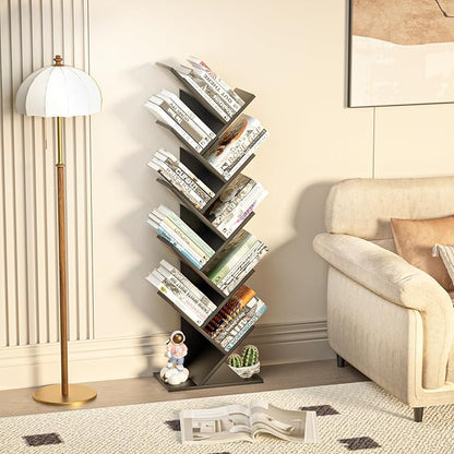 10 Tier Tree Book Shelf, Floor Standing Wood Bookshelf for Narrow Space, Storage Organizer Bookshelves for Books/CDs/Magazine, Bookcase with Shelves for Home Office, Living Room - Black