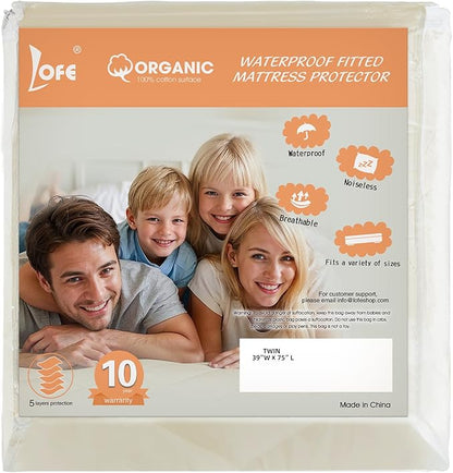 Lofe Organic Cotton Twin Mattress Protector - Top&Side 100% Waterproof Mattress Protector, Breathable Organic Mattress Protectors, Noiseless Twin Mattress Protectors Waterproof 75x39x17 in