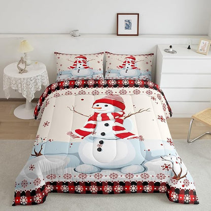 Kids Snowman Christmas Comforter Set Twin Size,Snowflake Romantic Bedding,Girls Boys Adults Bedroom/Xmas Cabin Decor,Geometric Grid Lattice Down Comforter,Rustic Farmhouse Duvet Insert,1 Pillowcase