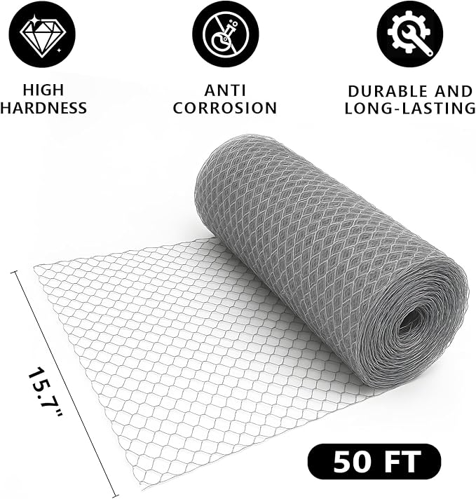 Chicken Wire, 15.7 in x 50 ft Garden Fence, Wire Mesh, Chicken Wires Fencing, Mesh Hexagonal Galvanized Metal Poultry Netting for Chicken Coop Rabbit Dogs Barrier (15.7 in x 50 ft)