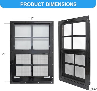 NeatiEase 2 Pack Shed Windows with Black Frame, 14 x 21 Flush Mount Small Window with Tempered Glass and Fiberglass Screen for Shed, Chicken Coop, Playhouse, Household, Garage