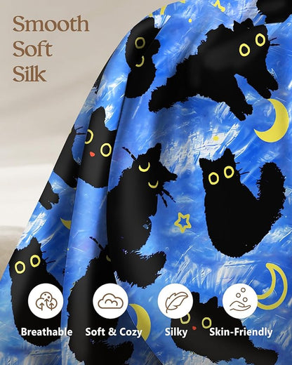 Silk Pillowcase 2 Pack - Pillow Cases 20" x 30" Queen Size Set of 2 for Hair and Skin Smooth Soft Breathable with Hidden Zipper Cooling Pillow Covers for Sleeping,Blue Moon Cat