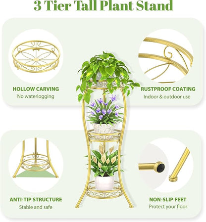 iDavosic.ly 3 Tier Tall Metal Plant Stand Indoor Outdoor, Wrought Iron Corner Flower Pot Holder Shelf, 34 Inch Vertical Display Rack for Patio Porch Living Room Garden, Gold