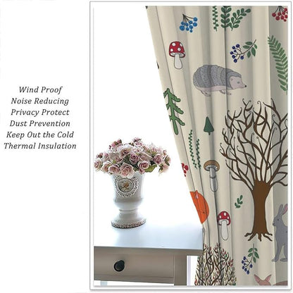 Kids Forest Animal Curtains, Rustic Cute Wild Animal Fox Deer Hedgehog Window Treatments Farmhouse Woodland Window Drapes for Girls Boys Nursery Toddler Bedroom 55x63in