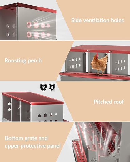 10-Hole Galvanized Metal Chicken Nesting Box with Egg Collection Tray/Fake Training Eggs, Rustproof Poultry Laying Box with Perch Rod,for Chicken Coops and Hens