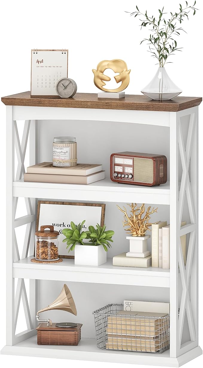 4-Tier Bookcase, 42.9" Floor Standing Organizer Shelf, Corner Book Stand, Metal Frame, for Study, Bedroom, Living Room, White and Walnut TSJ01WL