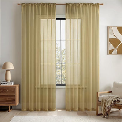 MIULEE Dark Gold Sheer Curtains 84 Inches Long 2 Panels, Light Filtering Voile Drapes with Rod Pocket for Bedroom and Living Room Windows