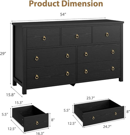 IDEALHOUSE Dresser for Bedroom with 7 Drawers, 54'' Wide Chest of Drawers with Large Clothes Storage Cabinet, Wood Bedroom Dresser, TV Stand for Nursery, Living Room, Hallway, Black
