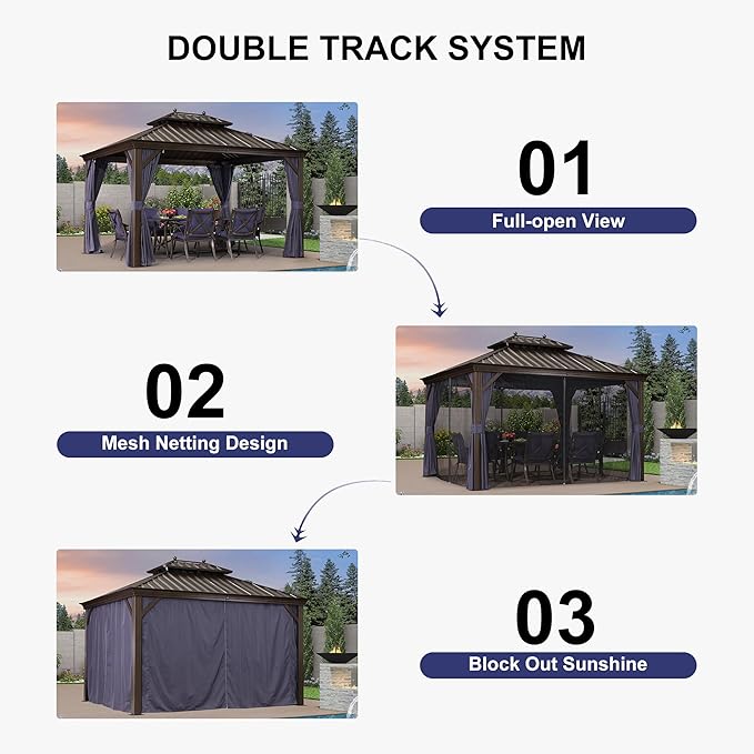 PURPLE LEAF 10' X 14' Permanent Hardtop Gazebo for Patio with Netting and Curtains Deck Backyard Heavy Duty Sunshade Metal Roof All Weather Outdoor Pavilion Canopy