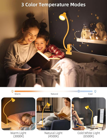 Clip on Reading Light for Bed 3 Color Modes, 10 Brightness Dimmable, Flexible