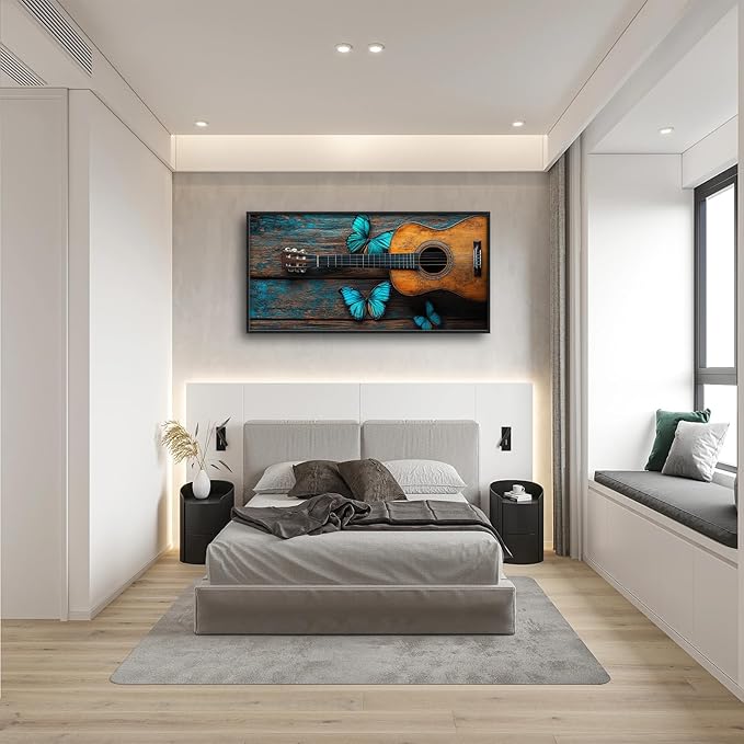 Olivine Music Wall Art, Guitar Pictures Wall Decor, Butterfly Painting, Vintage Musical Instruments Canvas Prints, Framed Artwork for Bathroom Bedroom Living Room Office Home Decoration 60"x30"